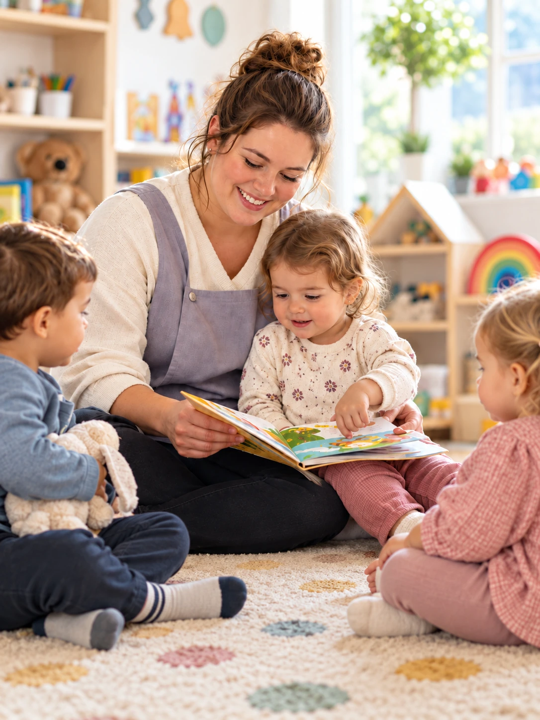 Une professionnelle de la petite enfance lit un livre avec de jeunes enfants