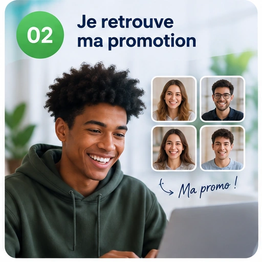 Un étudiant retrouve les membres de sa promotion, visibles à l’écran.