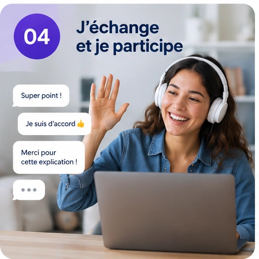Une étudiante équipée d’un casque lève la main et participe aux échanges avec sa classe.